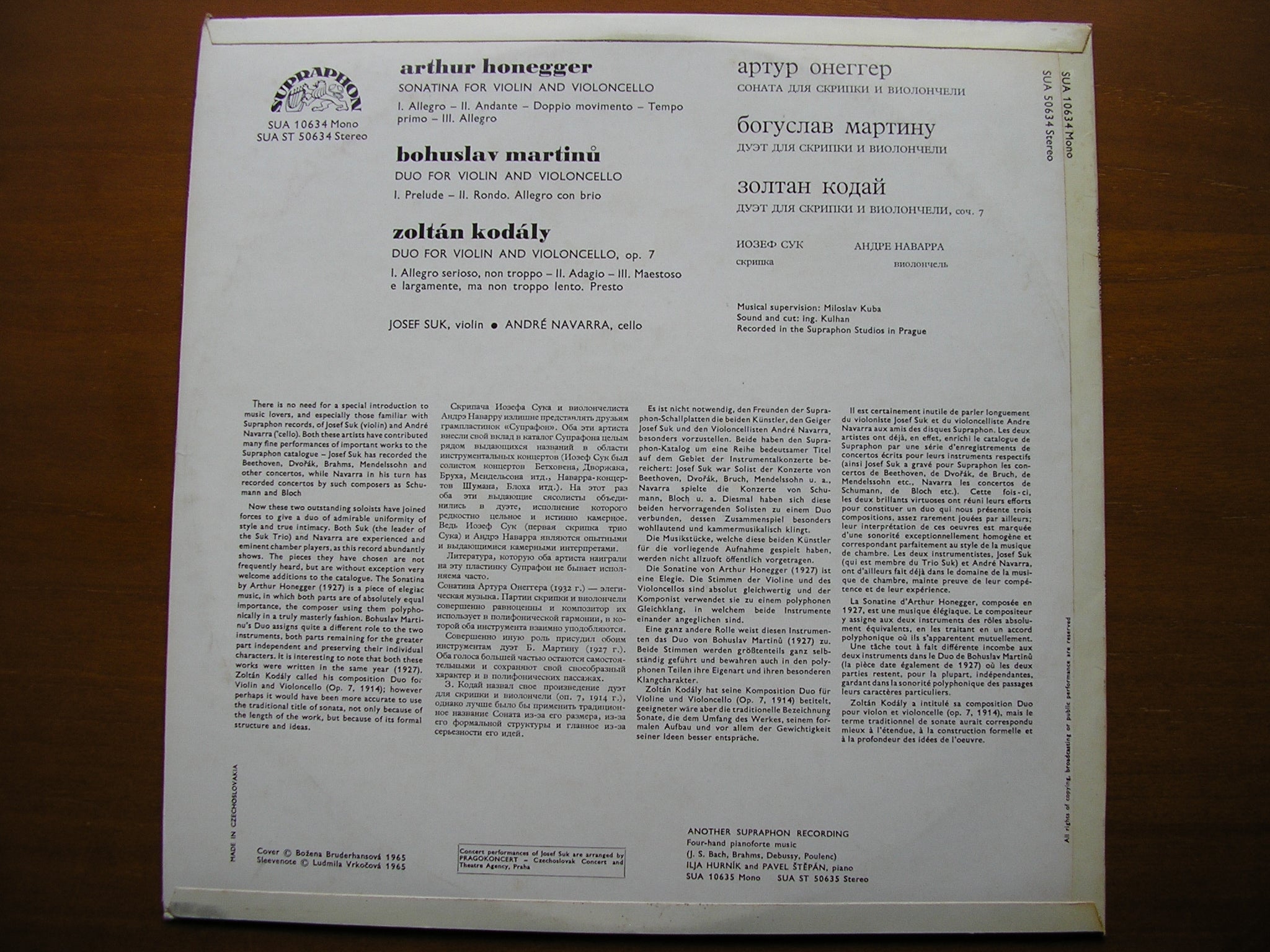 HONEGGER / MARTINU / KODALY: MUSIC FOR CELLO & VIOLIN      NAVARRA / SUK      SUA ST 50634