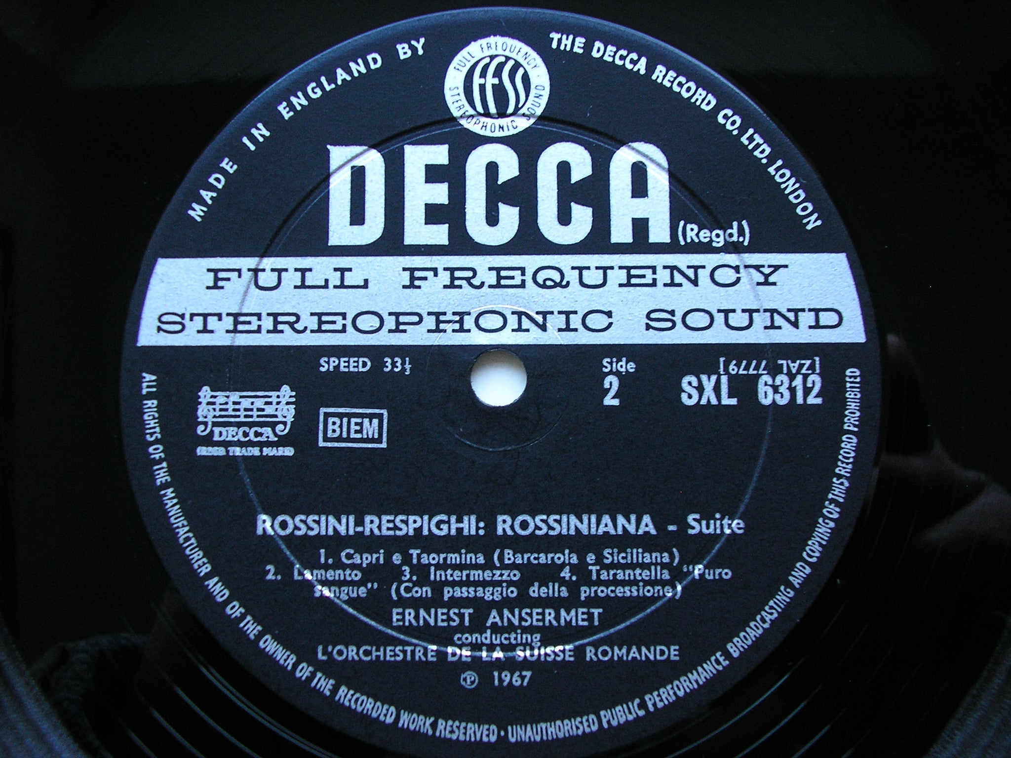 TCHAIKOVSKY: SUITE No. 4 'Mozartiana' / ROSSINI - RESPIGHI: 'Rossiniana' RICCI / SUISSE ROMANDE / ANSERMET      SXL 6312