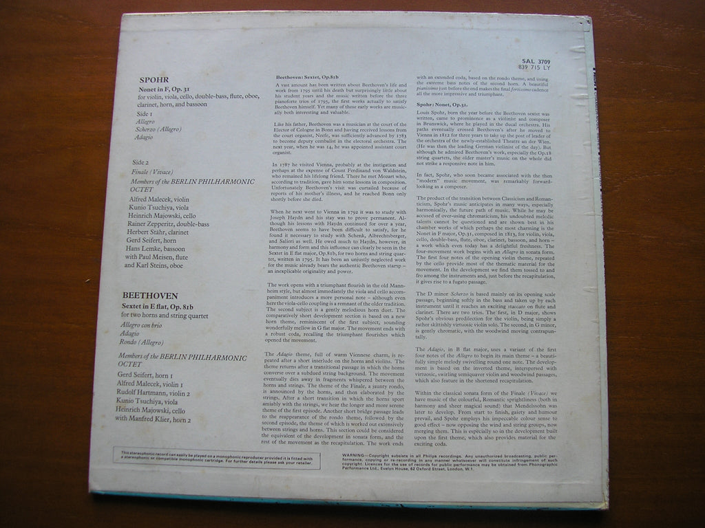 BEETHOVEN: SEXTET FOR HORNS & STRINGS / SPOHR: NONET Op. 31    BERLIN PHILHARMONIC OCTET    SAL 3709