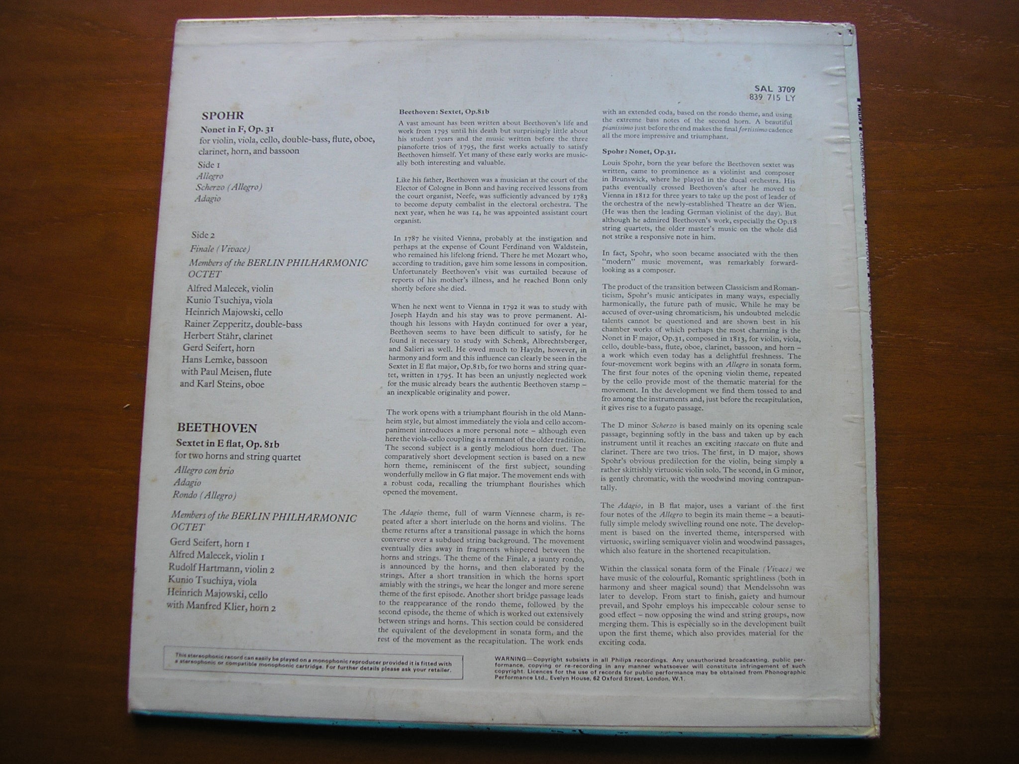 BEETHOVEN: SEXTET FOR HORNS & STRINGS / SPOHR: NONET Op. 31    BERLIN PHILHARMONIC OCTET    SAL 3709