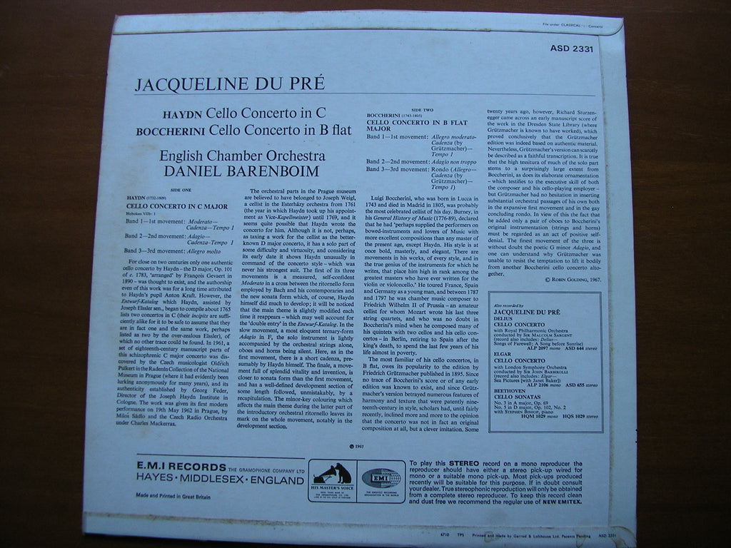 HAYDN / BOCCHERINI: CELLO CONCERTOS     DU PRE / ENGLISH CHAMBER ORCHESTRA / BARENBOIM     ASD 2331