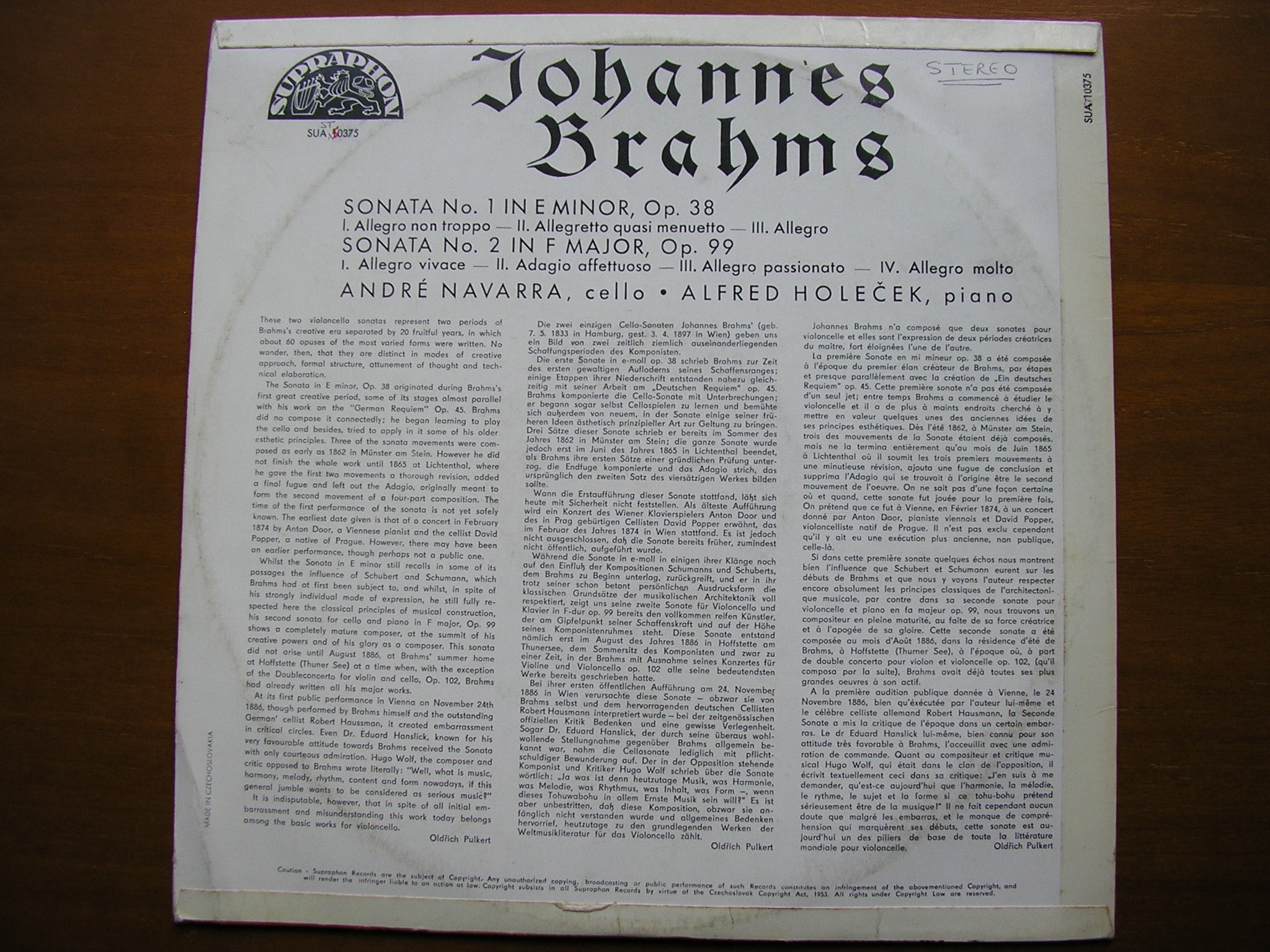 BRAHMS: CELLO SONATAS Nos. 1 & 2      ANDRE NAVARRA / ALFRED HOLECEK     SUA ST 50375