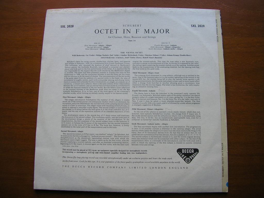 SXL 2028 SCHUBERT: OCTET in F THE VIENNA OCTET