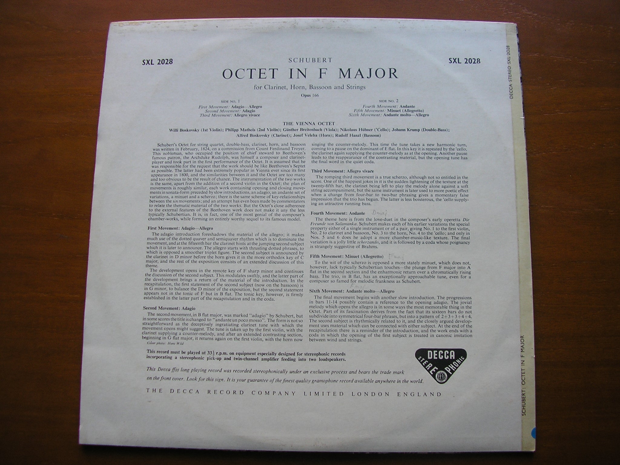 SXL 2028 SCHUBERT: OCTET in F THE VIENNA OCTET