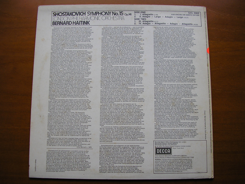 SXL 6906 SHOSTAKOVICH: SYMPHONY No. 15 HAITINK / LONDON PHILHARMONIC test pressing