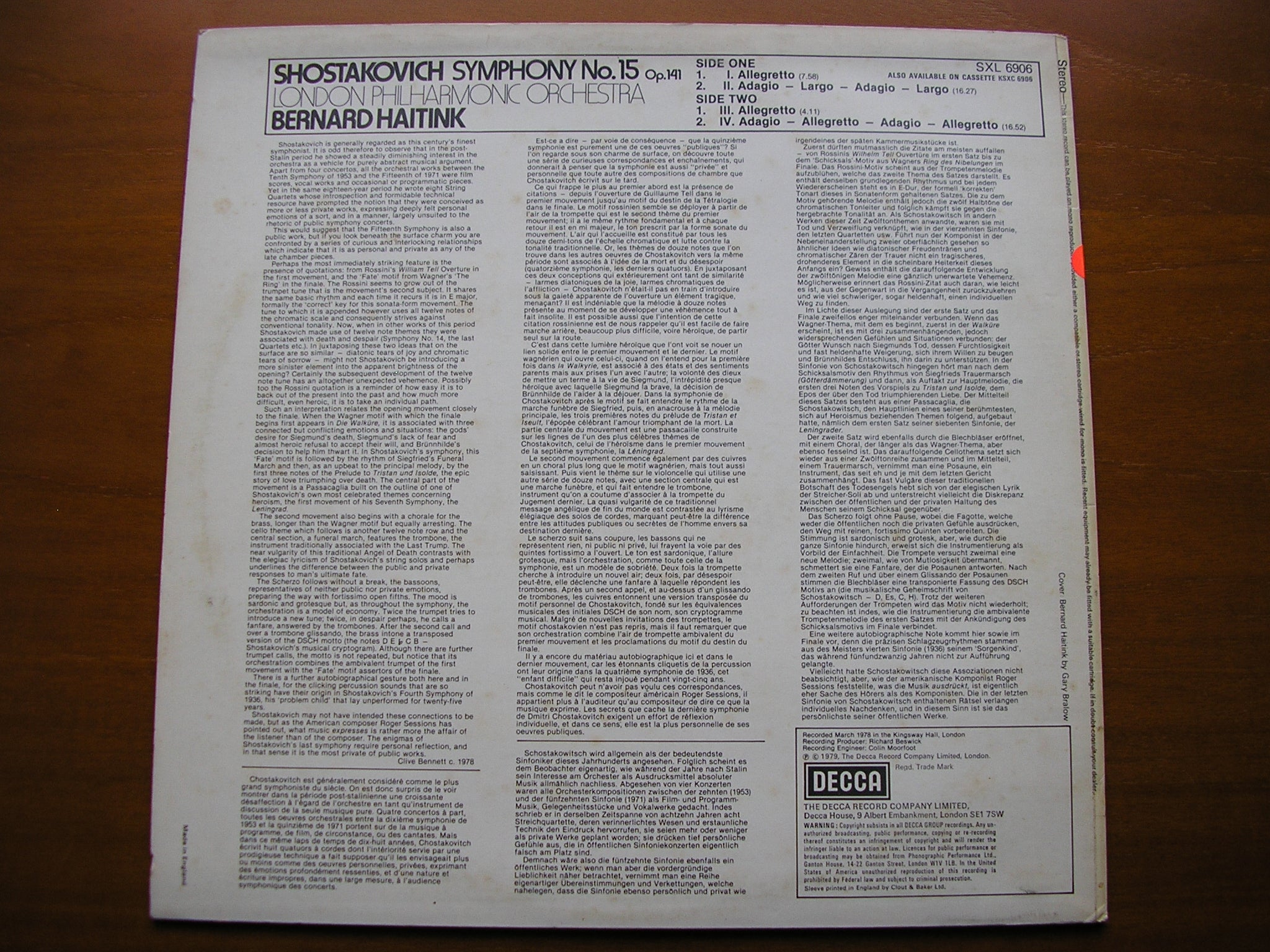 SXL 6906 SHOSTAKOVICH: SYMPHONY No. 15 HAITINK / LONDON PHILHARMONIC test pressing