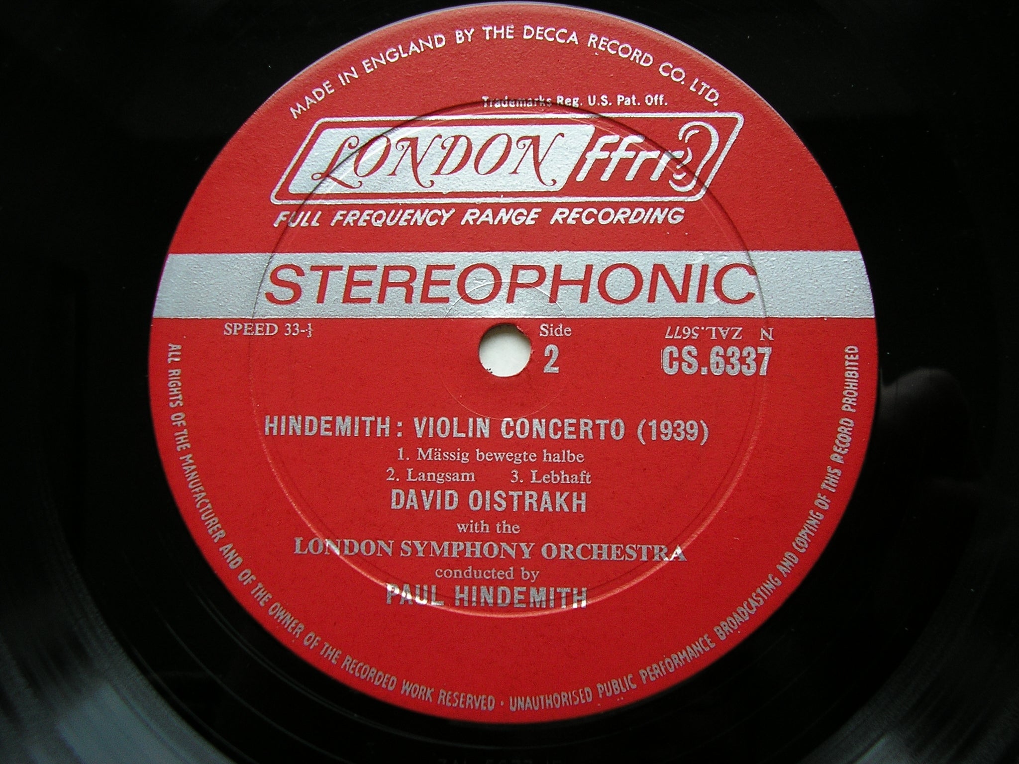 BRUCH: SCOTTISH FANTASIA / HINDEMITH: VIOLIN CONCERTO   OISTRAKH / LONDON SYMPHONY / HORENSTEIN / HINDEMITH   CS 6337