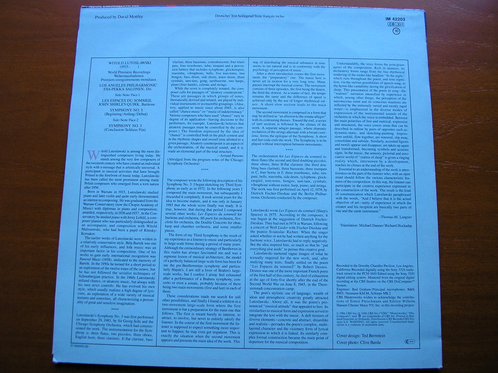 LUTOSLAWSKI: SYMPHONY No. 3 / LES ESPACES DU SOMMEIL   SHIRLEY - QUIRK / LAPO / SALONEN   IM 42203