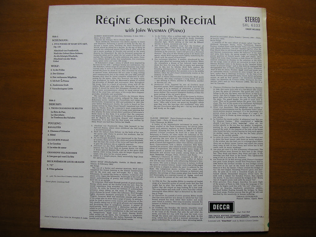 SXL 6333  SCHUMANN / WOLF / DEBUSSY / POULENC: SONGS      REGINE CRESPIN / JOHN WUSTMAN   ED2