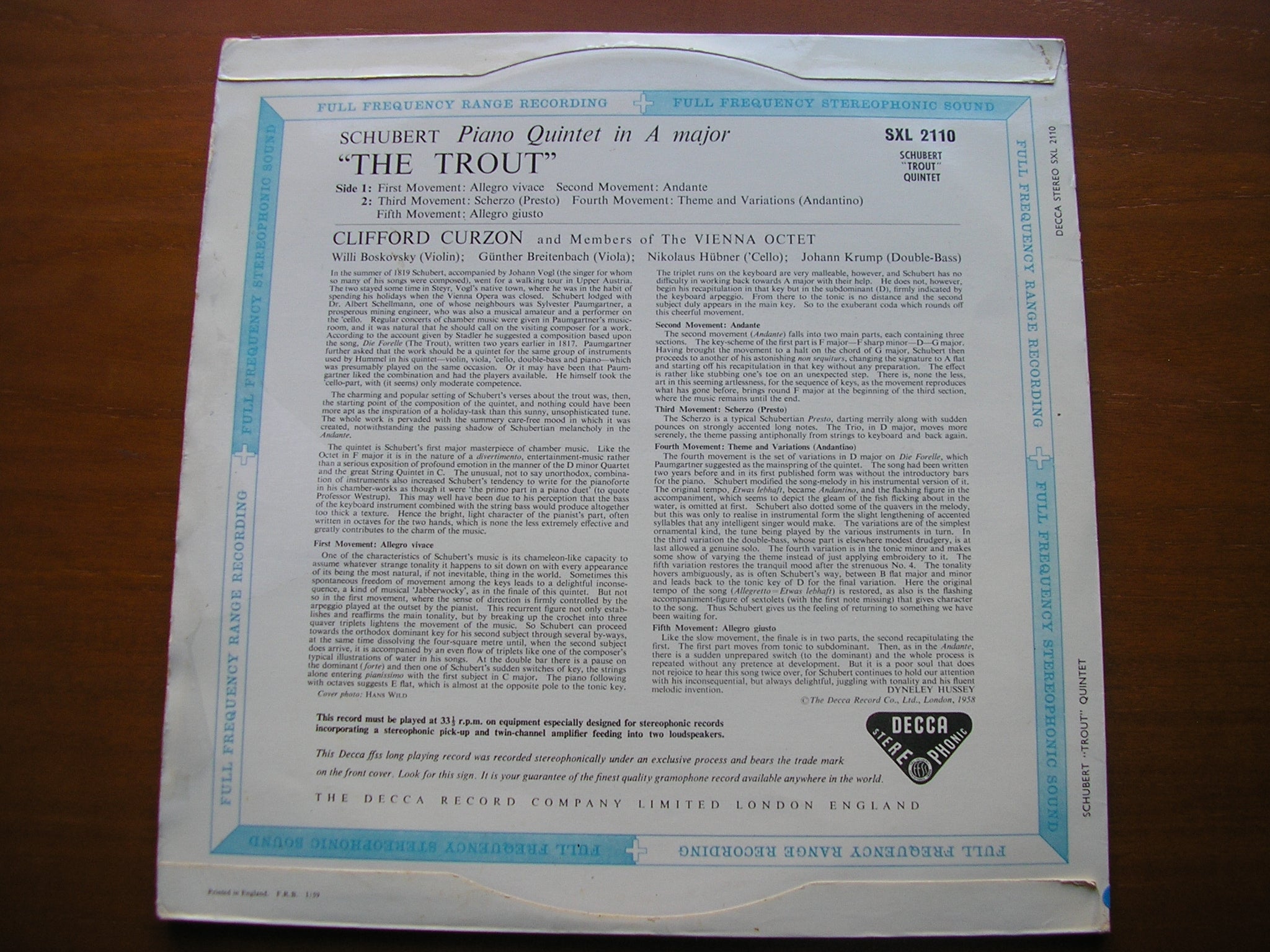 SXL 2110 SCHUBERT: PIANO QUINTET in A 'The Trout' CURZON / MEMBERS of THE VIENNA OCTET