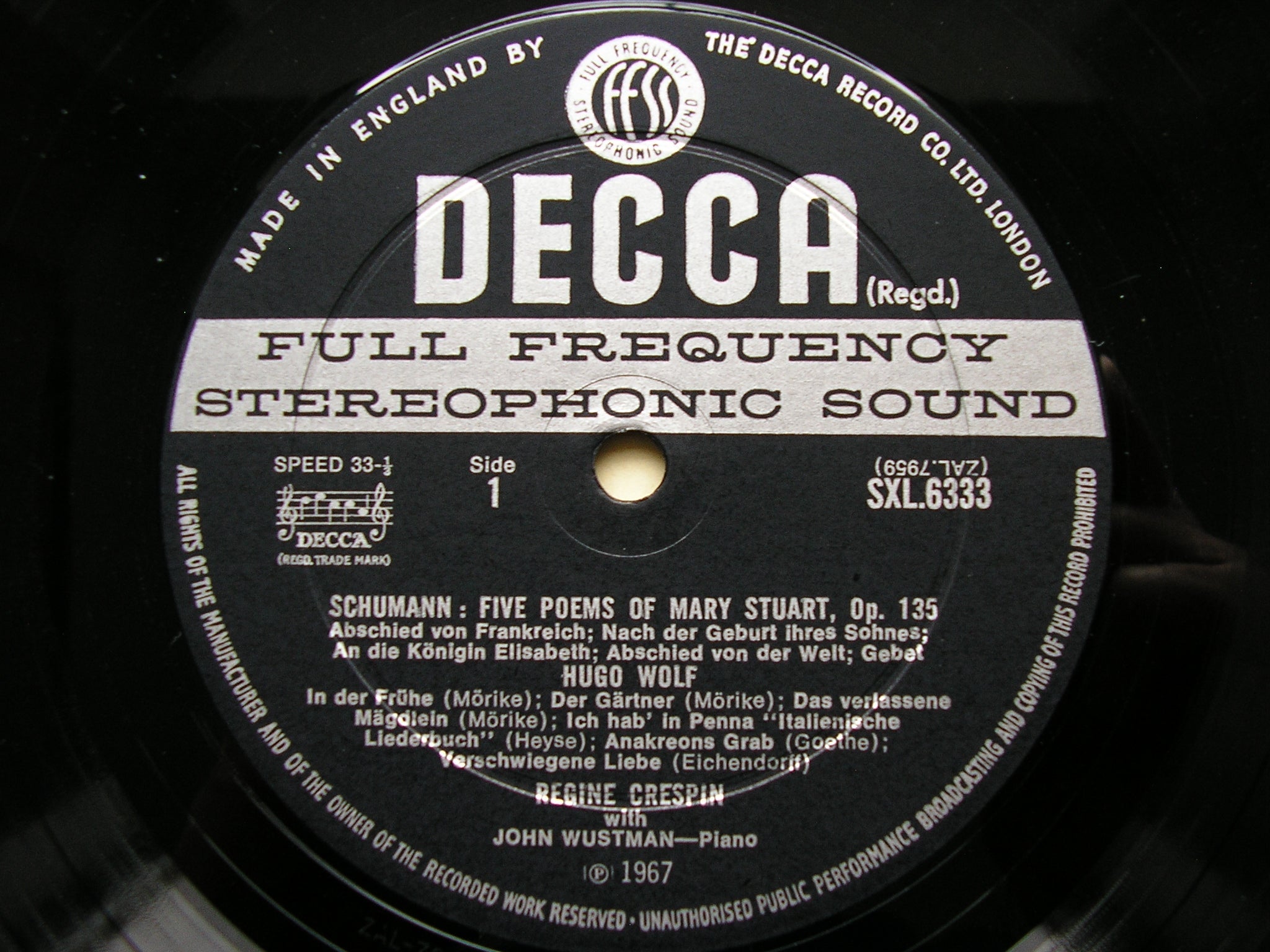 SXL 6333  SCHUMANN / WOLF / DEBUSSY / POULENC: SONGS      REGINE CRESPIN / JOHN WUSTMAN   ED2