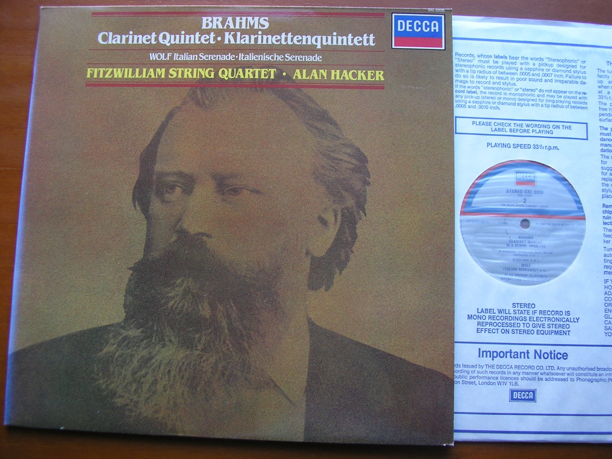 SXL 6998 BRAHMS: CLARINET QUINTET / WOLF: ITALIAN SERENADE FITZWILLIAM QUARTET / ALAN HACKER