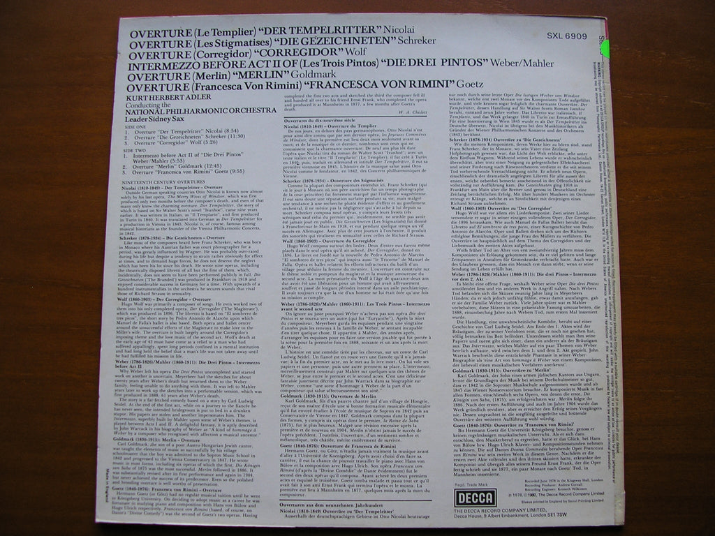 SXL 6909 OVERTURE: NICOLAI / SCHREKER / WOLF / WEBER / GOLDMARK / GOETZ NATIONAL PHILHARMONIC ORCHESTRA / ADLER test pressing