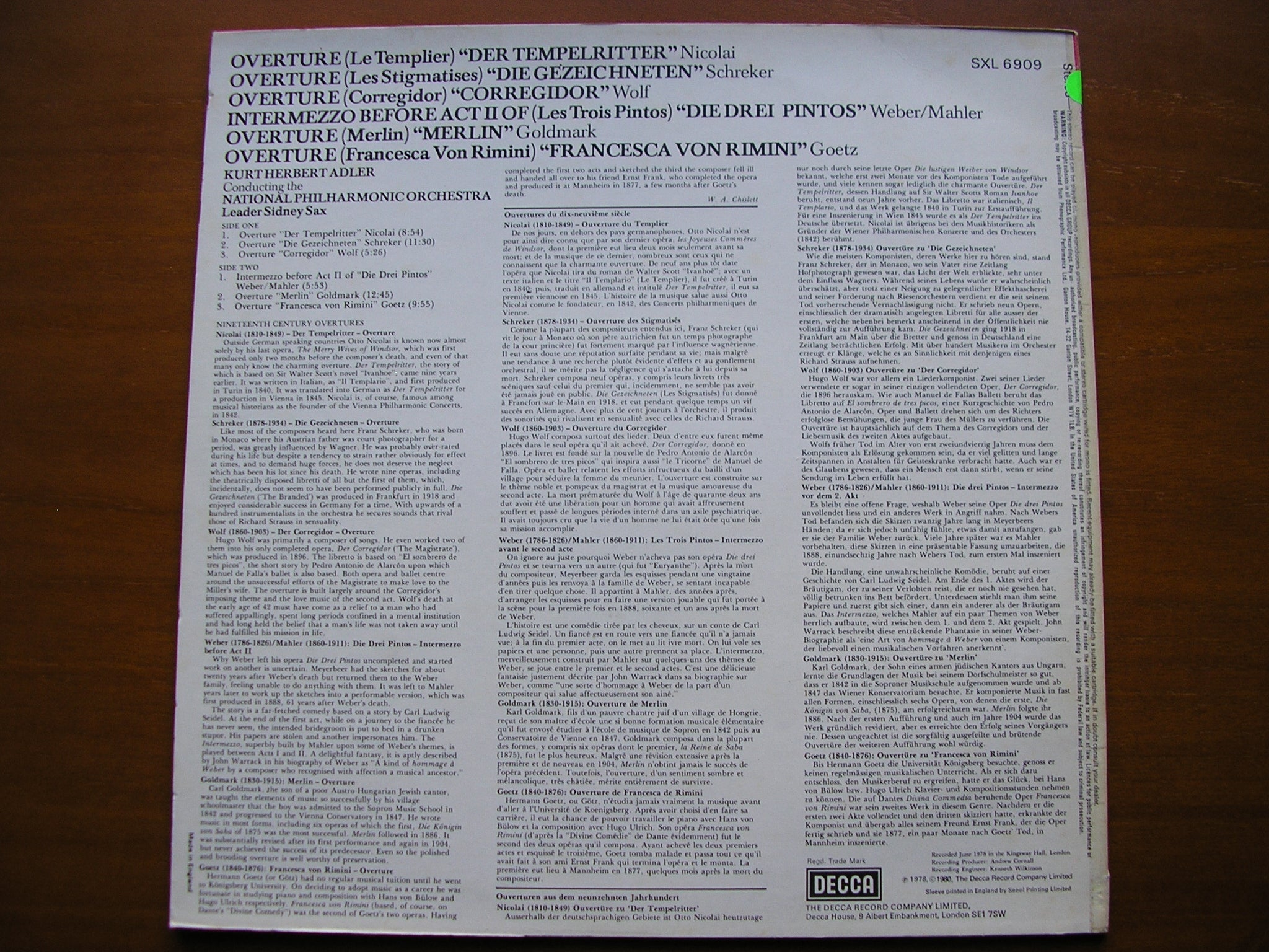SXL 6909 OVERTURE: NICOLAI / SCHREKER / WOLF / WEBER / GOLDMARK / GOETZ NATIONAL PHILHARMONIC ORCHESTRA / ADLER test pressing