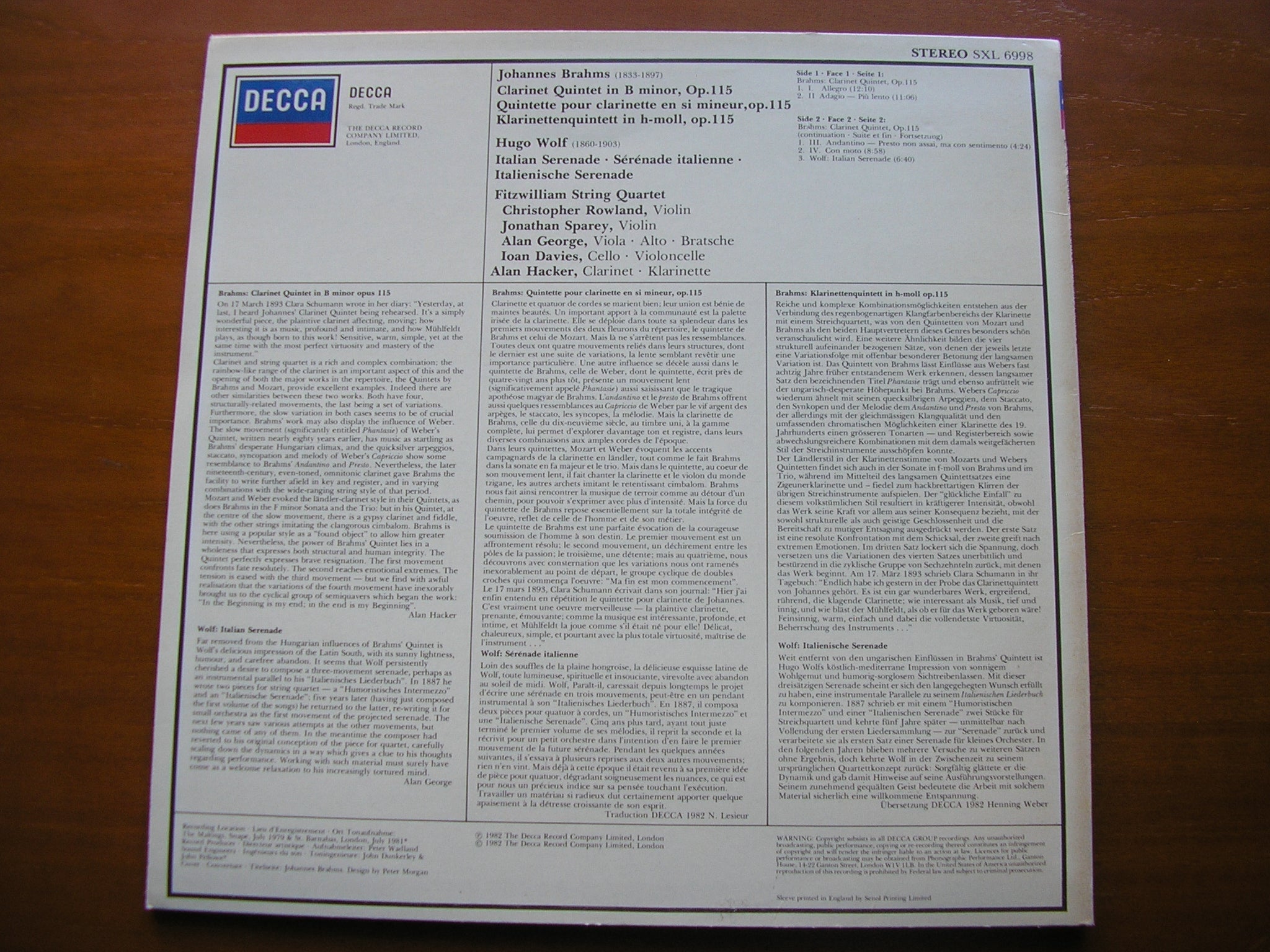 SXL 6998 BRAHMS: CLARINET QUINTET / WOLF: ITALIAN SERENADE FITZWILLIAM QUARTET / ALAN HACKER