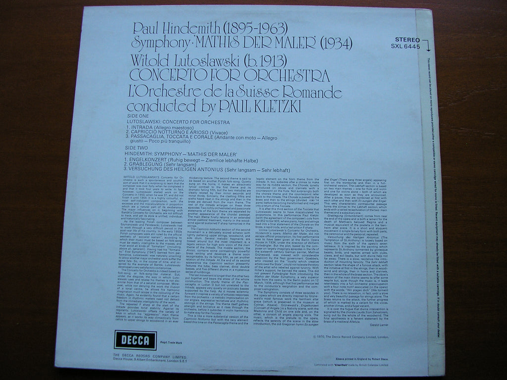 SXL 6445 LUTOSLAWSKI: CONCERTO / HINDEMITH: MATHIS DER MALER KLETZKI / SUISSE ROMANDE