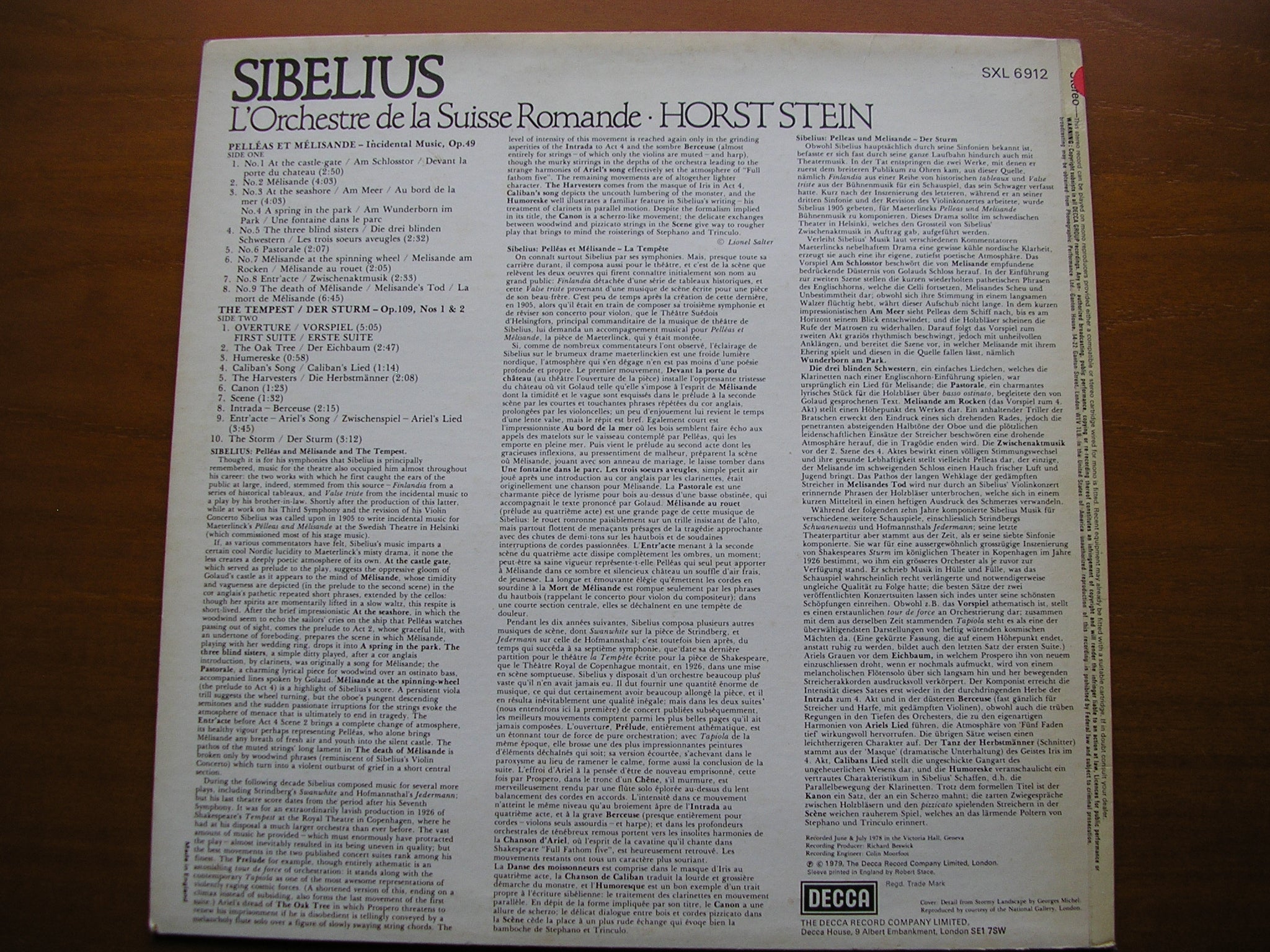 SXL 6912 SIBELIUS: PELLEAS & MELISANDE / THE TEMPEST STEIN / VIENNA PHILHARMONIC test pressing