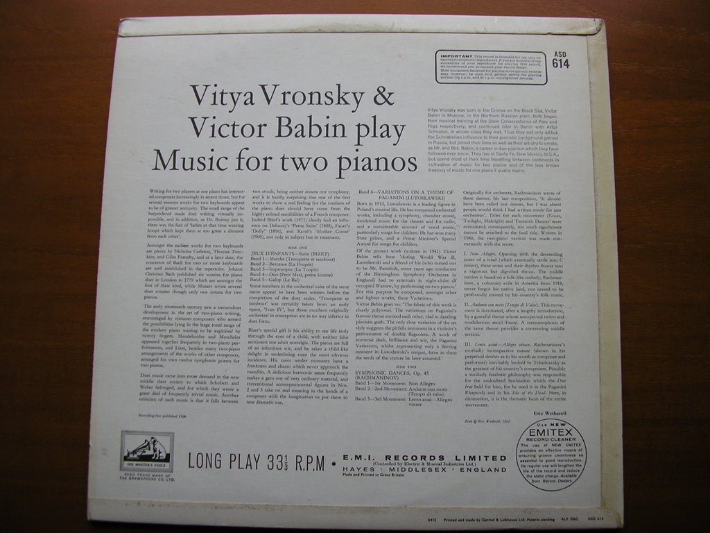 WORKS FOR TWO PIANOS: RACHMANINOV / LUTOSLAWSKI / BIZET     VRONSKY & BABIN    ASD 614