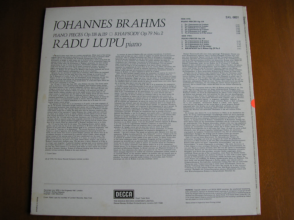SXL 6831 BRAHMS: PIANO PIECES Op. 118 & 119 / RHAPSODY Op. 79 No. 2 RADU LUPU test pressing