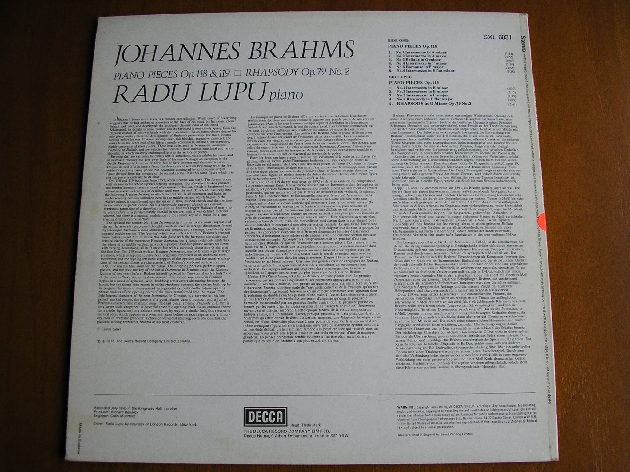 SXL 6831 BRAHMS: PIANO PIECES Op. 118 & 119 / RHAPSODY Op. 79 No. 2 RADU LUPU test pressing
