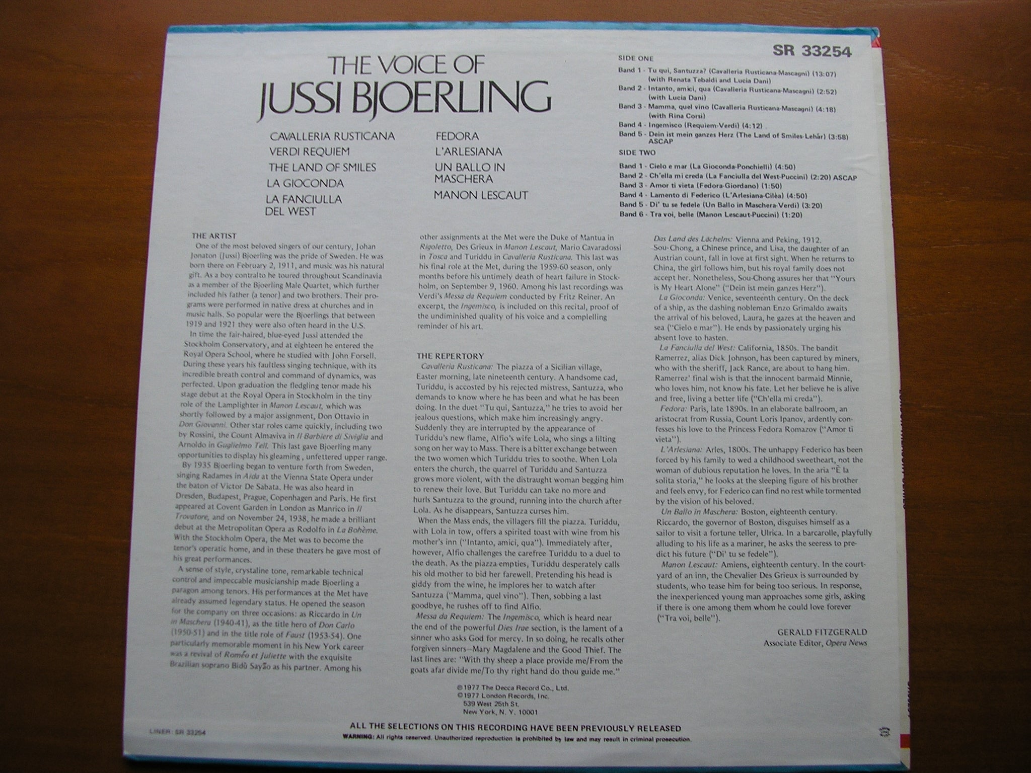 THE VOICE OF JUSSI BJOERLING: ARIAS BY VERDI / PUCCINI / CILEA / GIORDANO / MASCAGNI / LEHAR      SR 33254