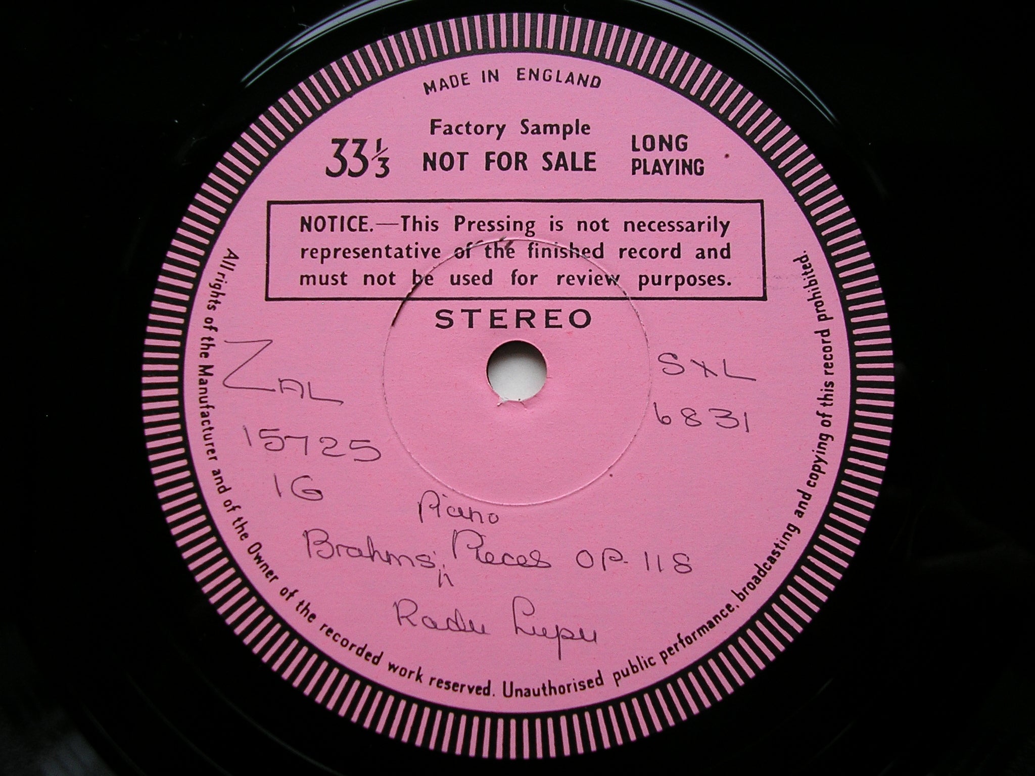 SXL 6831 BRAHMS: PIANO PIECES Op. 118 & 119 / RHAPSODY Op. 79 No. 2 RADU LUPU test pressing