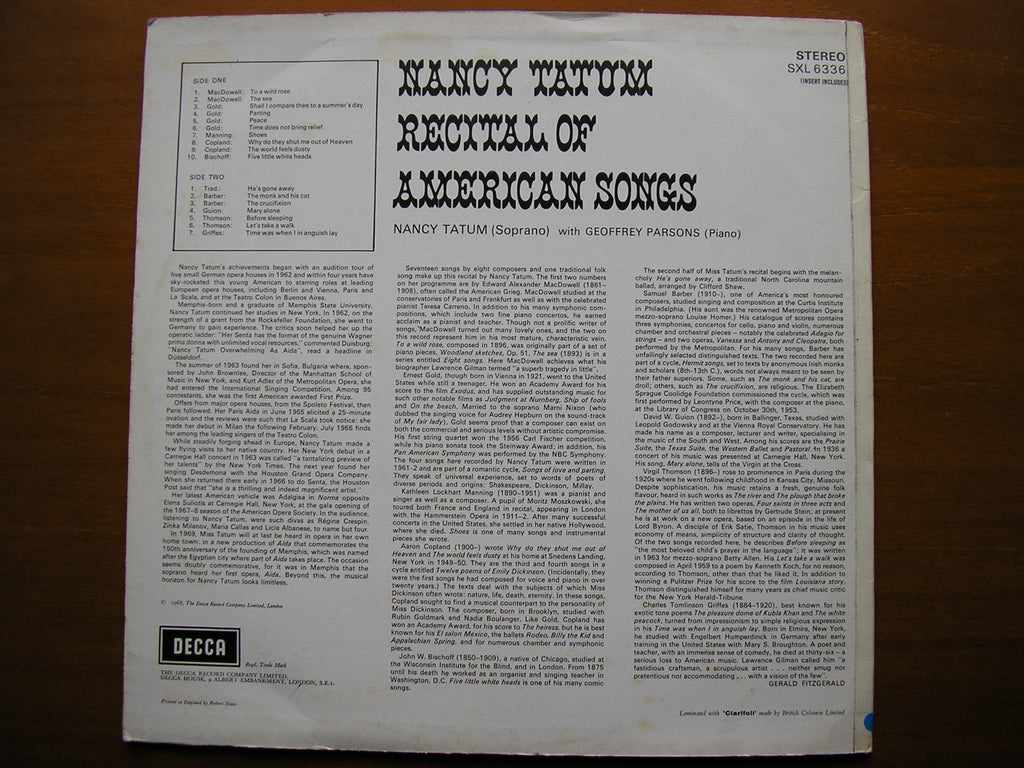 SXL 6336  NANCY TATUM SINGS AMERICAN SONGS      TATUM / PARSONS     ED1
