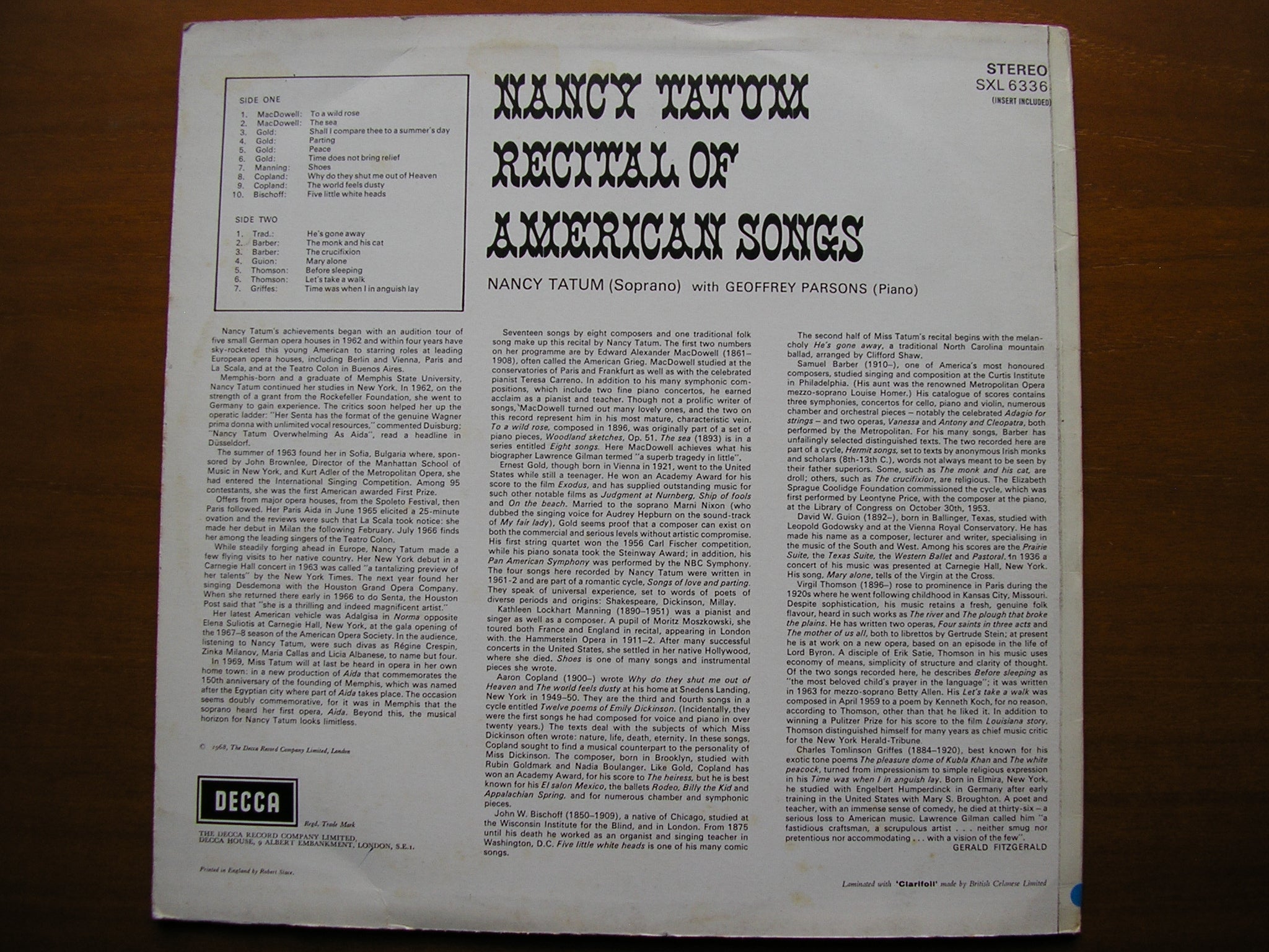 SXL 6336  NANCY TATUM SINGS AMERICAN SONGS      TATUM / PARSONS     ED1