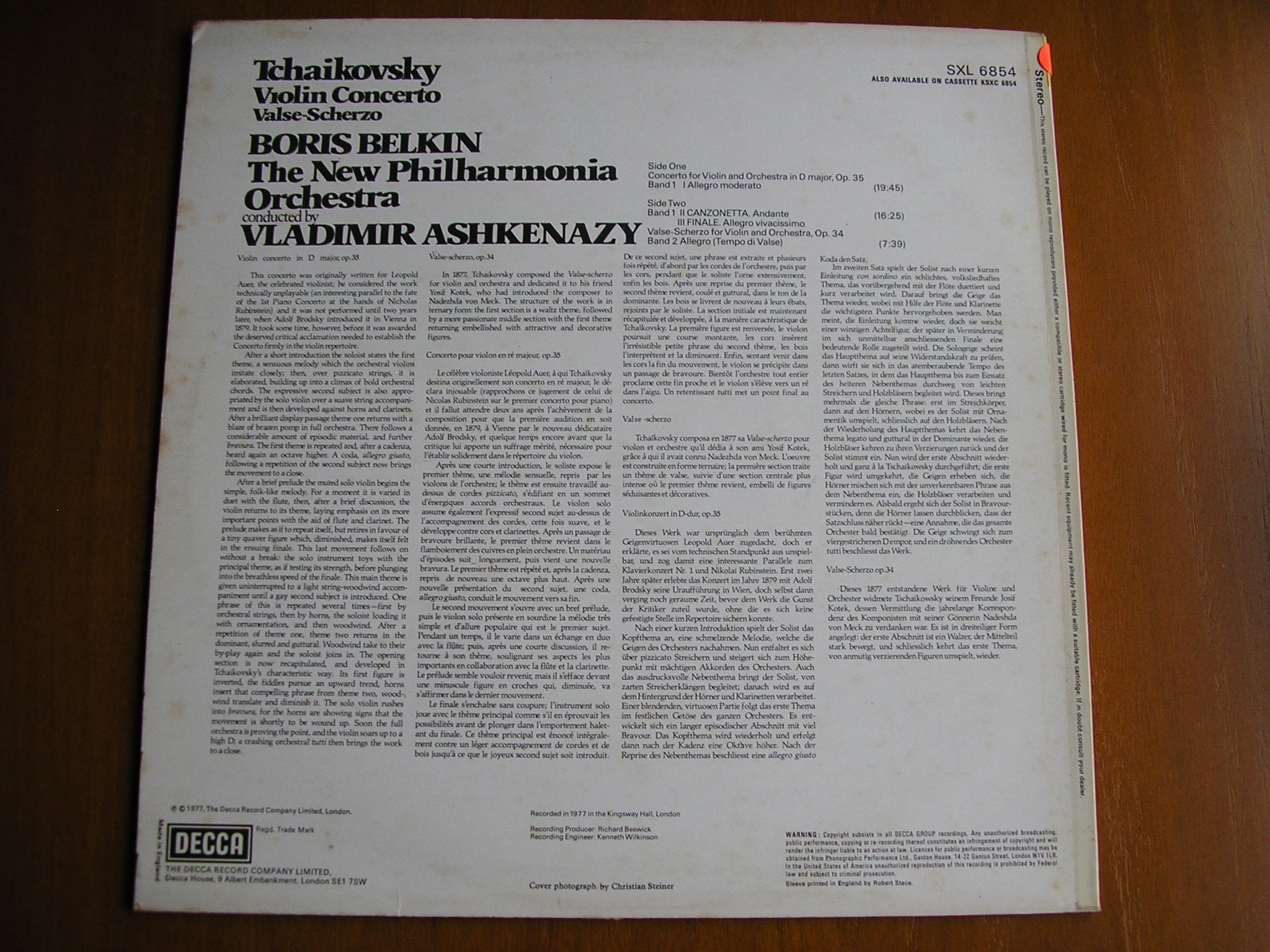 SXL 6854 TCHAIKOVSKY: VIOLIN CONCERTO / VALSE SCHERZO BELKIN / NEW PHILHARMONIA / ASHKENAZY test pressing