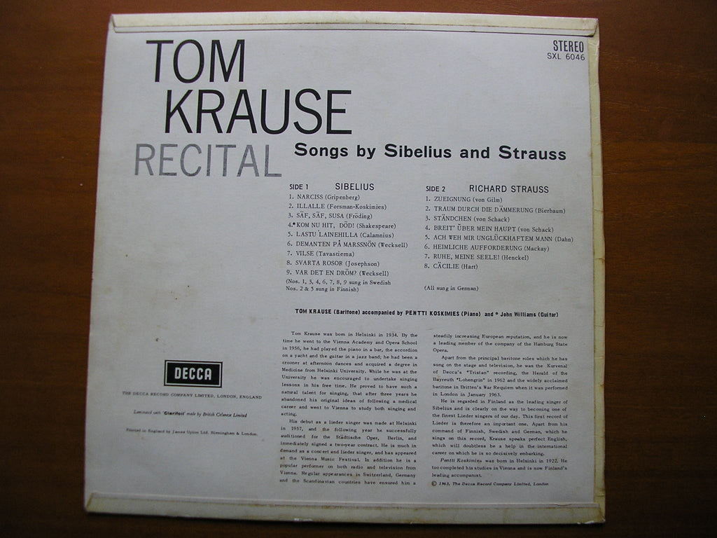 SXL 6046  SIBELIUS / RICHARD STRAUSS: SONGS     TOM KRAUSE / PENTTI KOSKIMIES /JOHN WILLIAMS      ED1