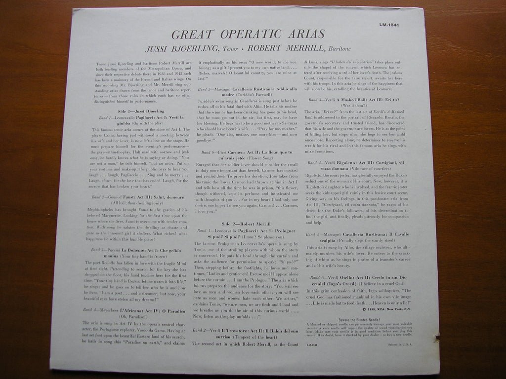 OPERA ARIAS: LEONCAVALLO / PUCCINI / MEYERBEER / BIZET / GOUNOD / VERDI / MASCAGNI     BJOERLING / MERRILL      LM 1841
