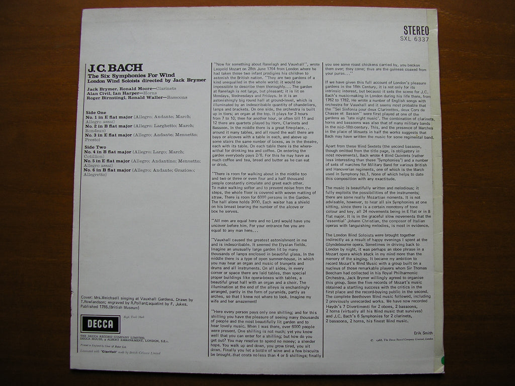 SXL 6337  BACH JC: SIX SYMPHONIES FOR WIND       LONDON WIND SOLOISTS / BRYMER   ED2