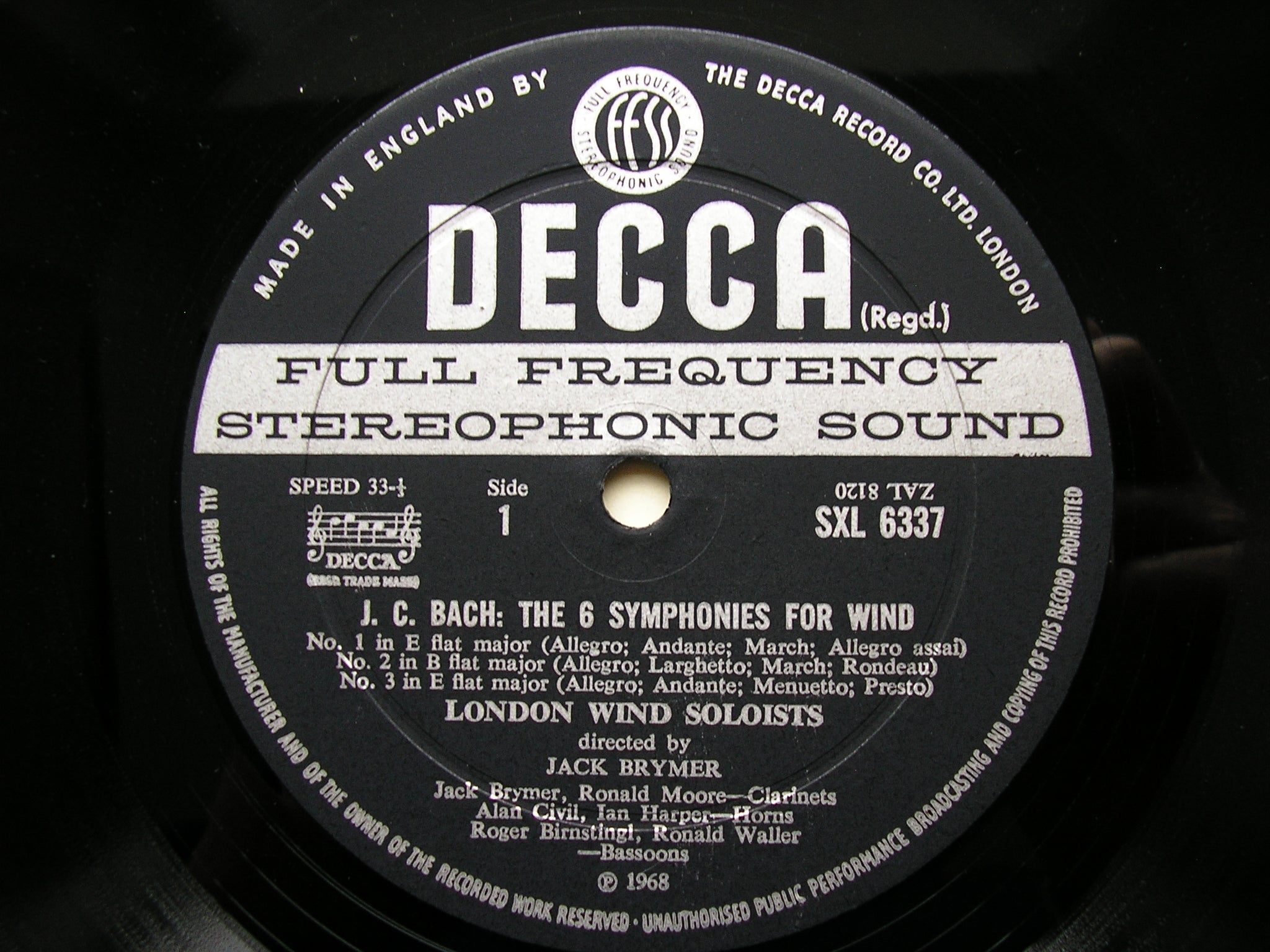 SXL 6337  BACH JC: SIX SYMPHONIES FOR WIND       LONDON WIND SOLOISTS / BRYMER   ED2