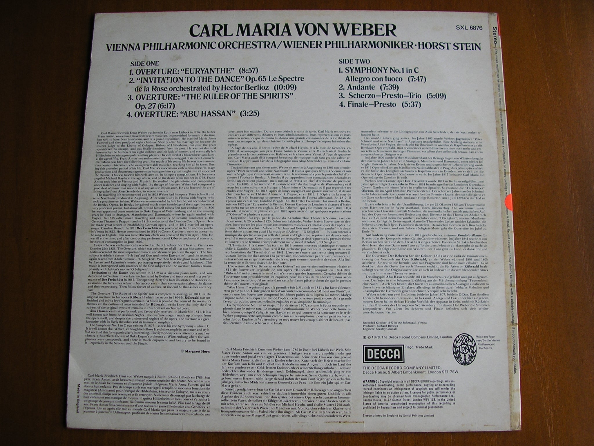 SXL 6876 WEBER: SYMPHONYN No. 1 / OVERTURES / INVITATION TO THE DANCE STEIN / VIENNA PHILHARMONIC test pressing
