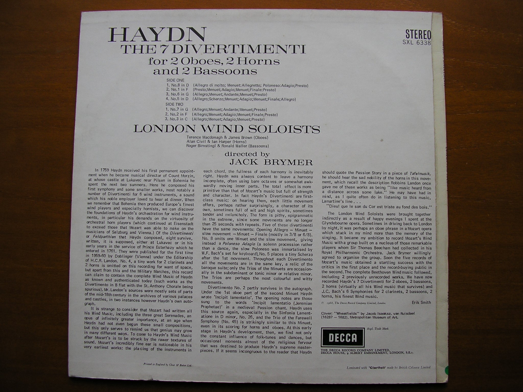SXL 6338  HAYDN: SEVEN DIVERTIMENTI FOR WIND       LONDON WIND SOLOISTS / BRYMER    ED2