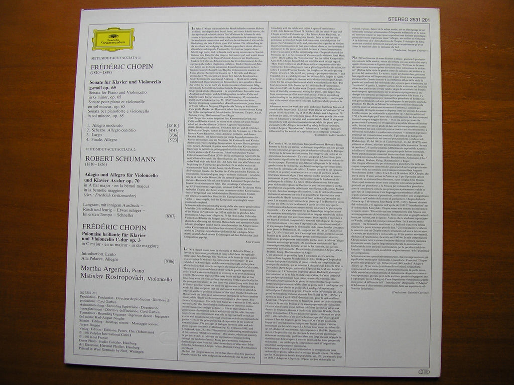 CHOPIN: SONATA Op. 65 / SCHUMANN: ADAGIO & ALLEGRO Op. 70     ROSTROPOVICH / ARGERICH     2531 201