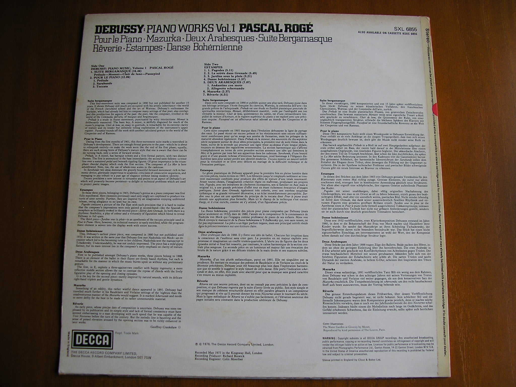 SXL 6855 DEBUSSY: PIANO WORKS Volume 1 PASCAL ROGE test pressing