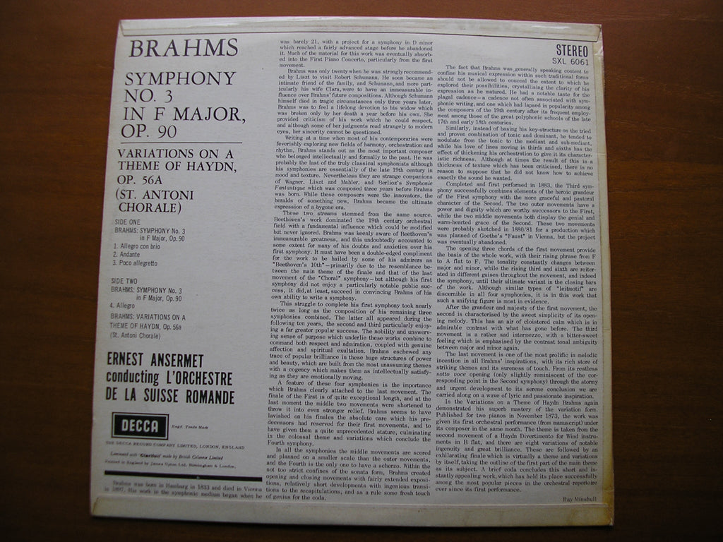 SXL 6061  BRAHMS: SYMPHONY No. 3 / HAYDN VARIATIONS      ANSERMET / SUISSE ROMANDE       ED1