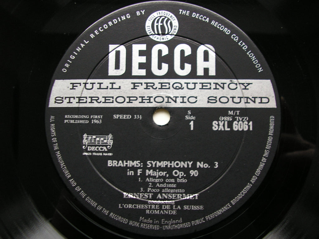 SXL 6061  BRAHMS: SYMPHONY No. 3 / HAYDN VARIATIONS      ANSERMET / SUISSE ROMANDE       ED1
