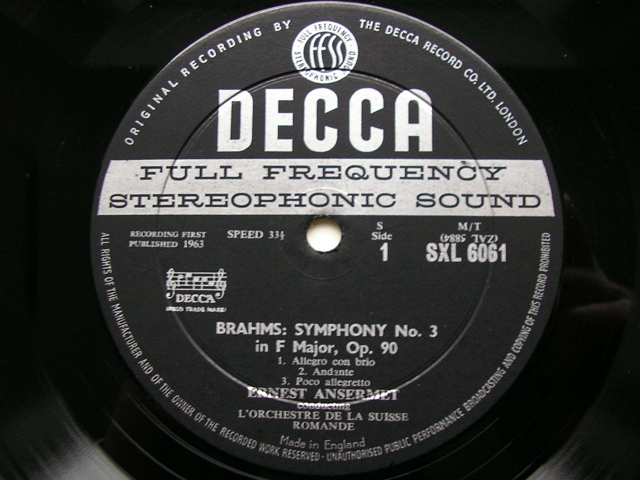 SXL 6061  BRAHMS: SYMPHONY No. 3 / HAYDN VARIATIONS      ANSERMET / SUISSE ROMANDE       ED1