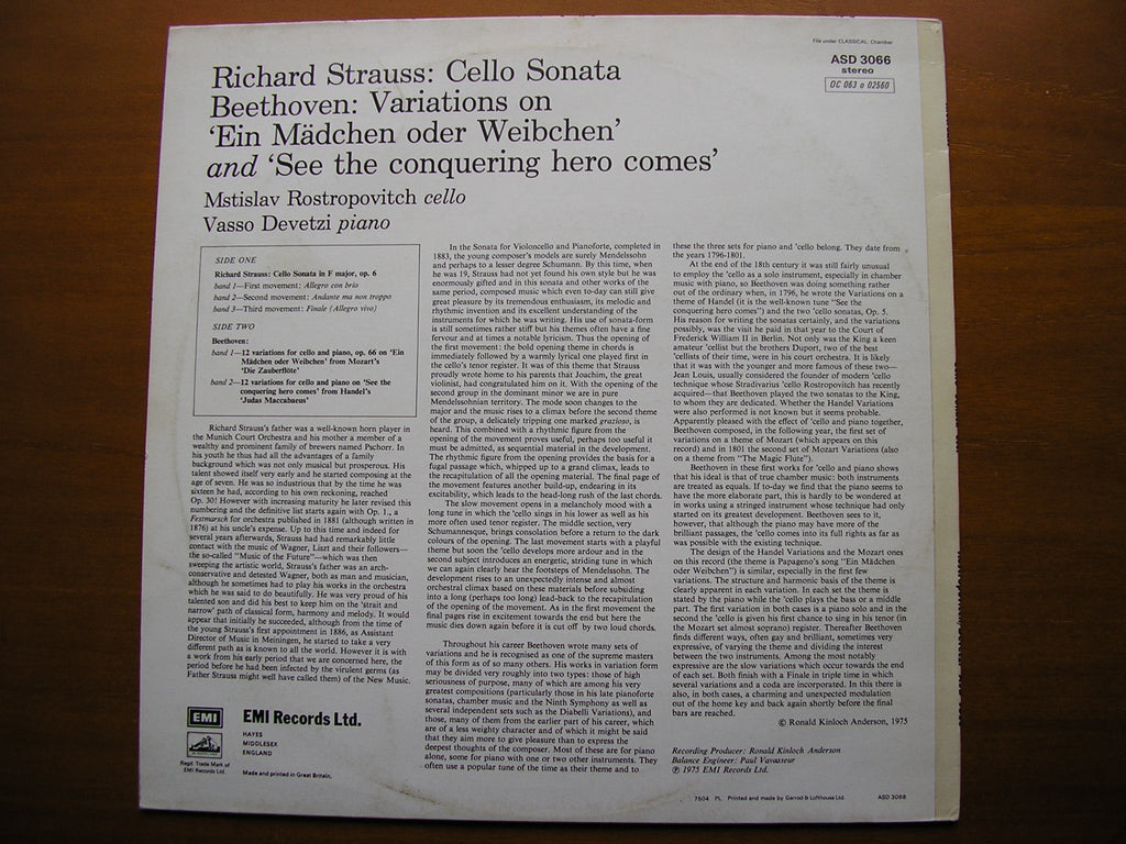 STRAUSS: CELLO SONATA / BEETHOVEN: VARIATIONS     ROSTROPOVICH / DEVETZI     ASD 3066
