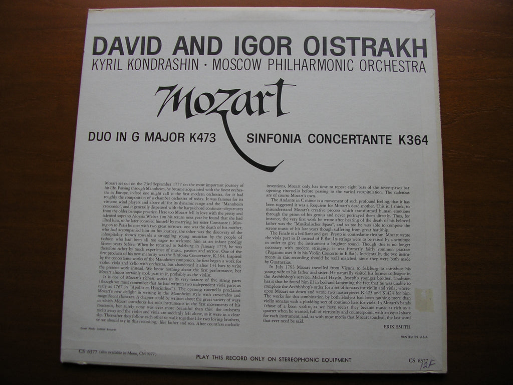 MOZART: SINFONIA CONCERTANTE K364 / DUO in G K423    DAVID & IGOR OISTRAKH / MOSCOW PHILHARMONIC / KONDRASHIN    CS 6377