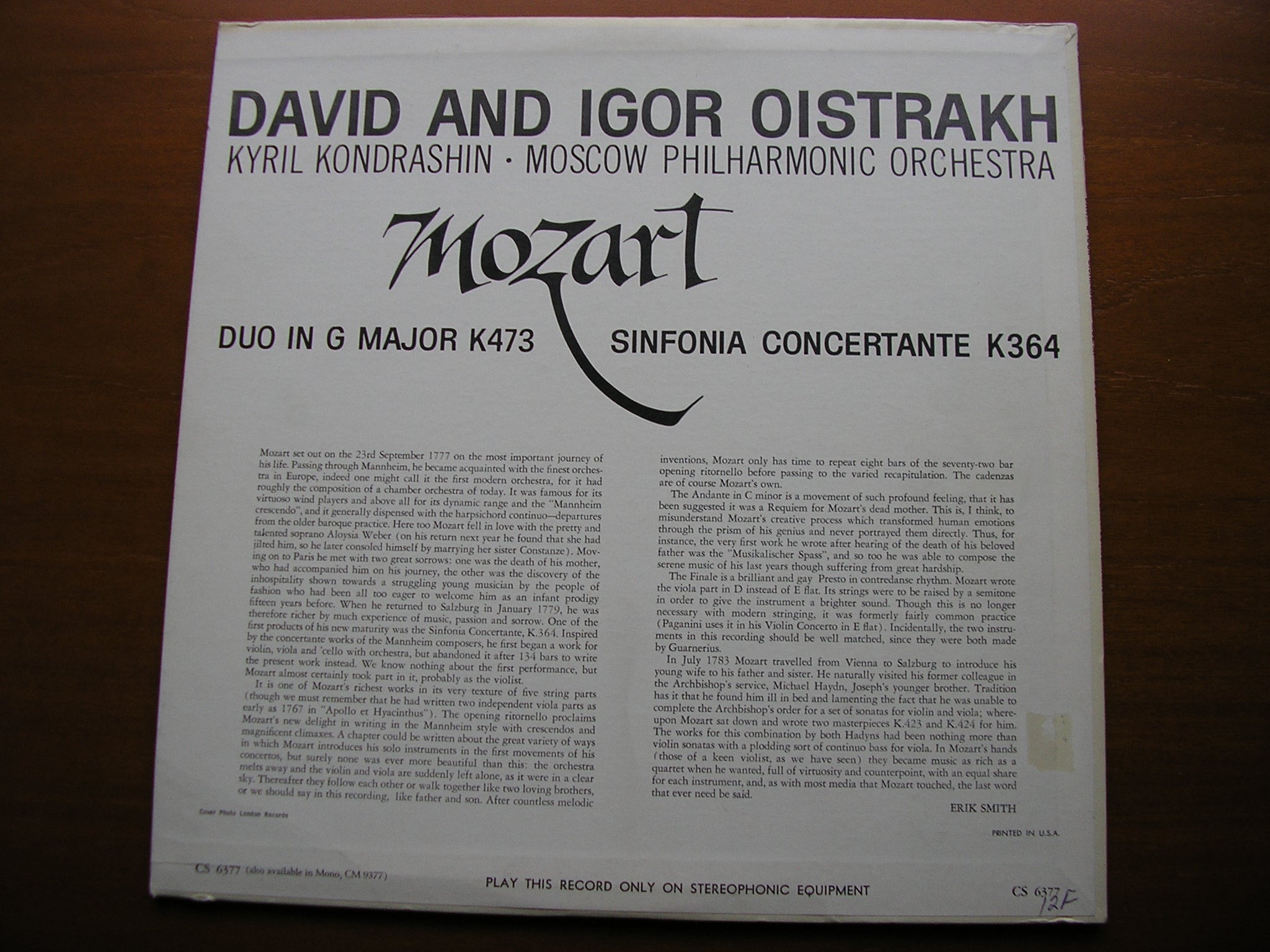 MOZART: SINFONIA CONCERTANTE K364 / DUO in G K423    DAVID & IGOR OISTRAKH / MOSCOW PHILHARMONIC / KONDRASHIN    CS 6377
