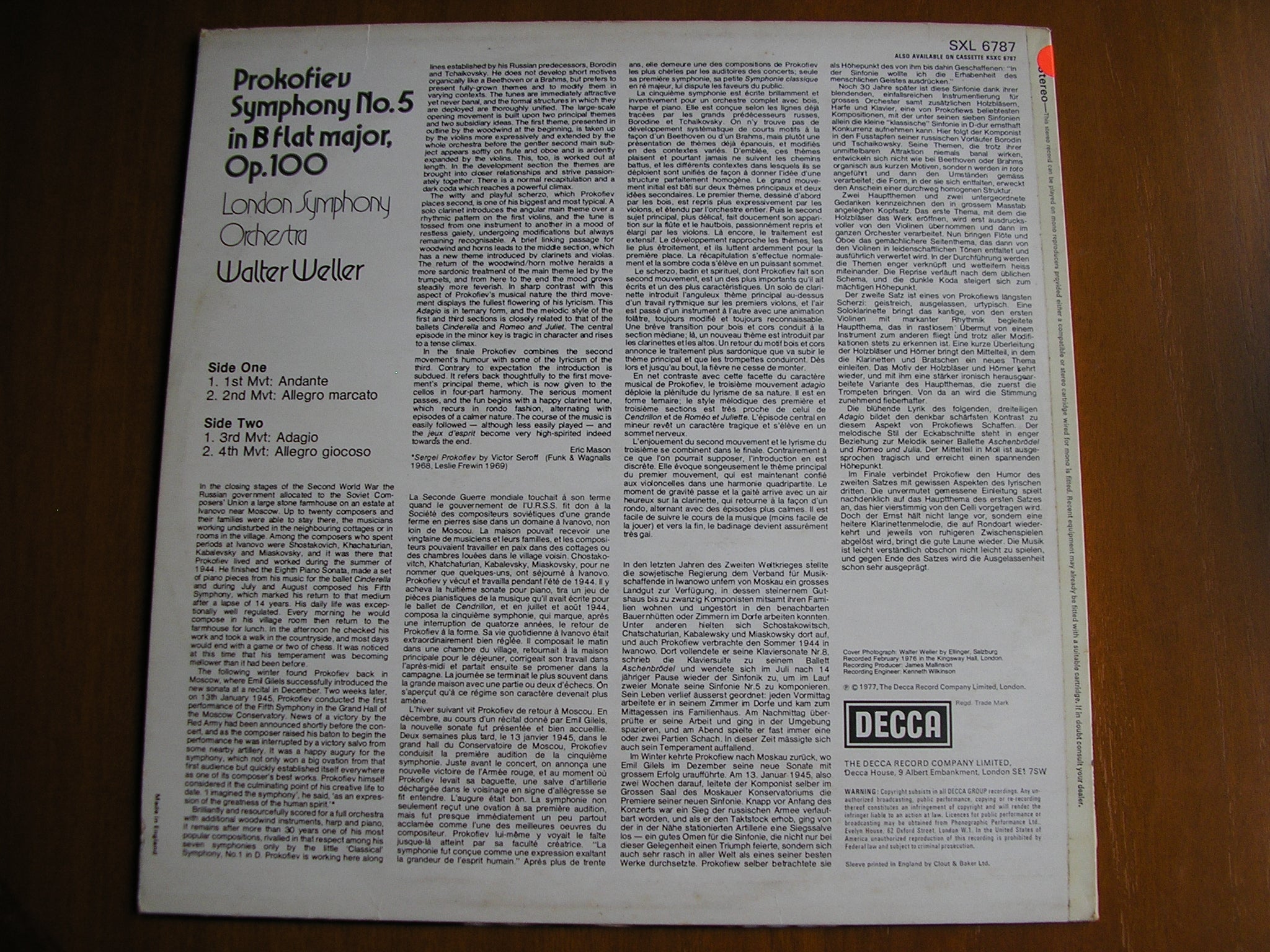 SXL 6787 PROKOFIEV: SYMPHONY No. 5 WELLER / LONDON SYMPHONY test pressing