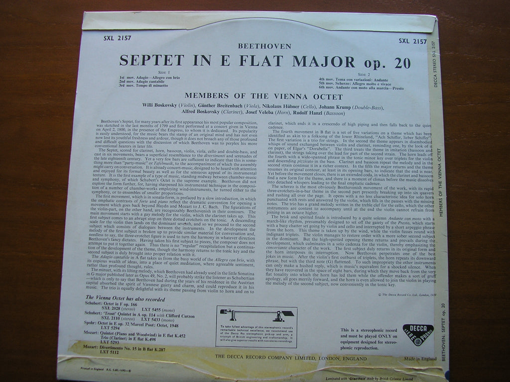 SXL 2157 BEETHOVEN: SEPTET IN E / MEMBERS OF THE VIENNA OCTET
