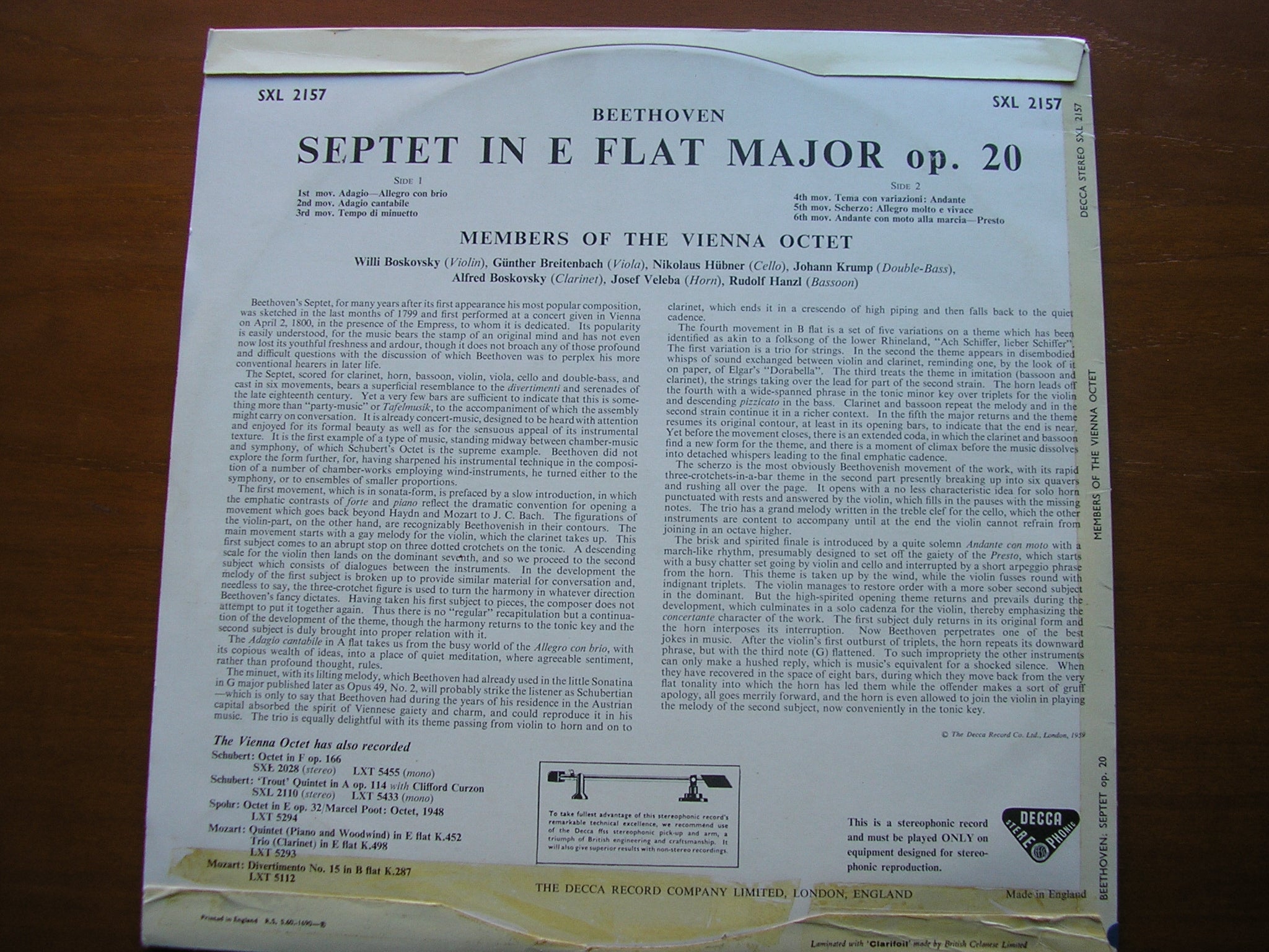 SXL 2157 BEETHOVEN: SEPTET IN E / MEMBERS OF THE VIENNA OCTET