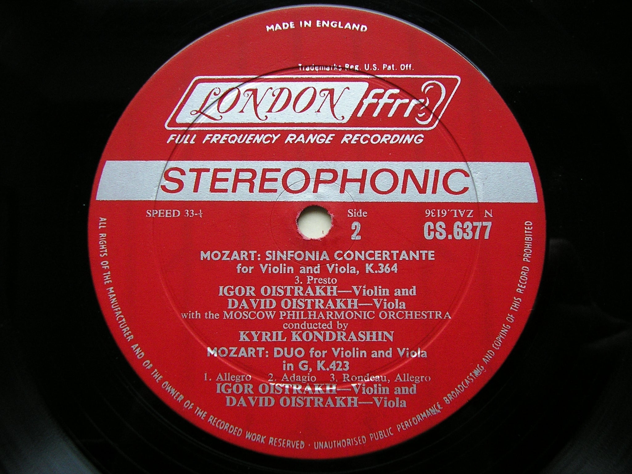 MOZART: SINFONIA CONCERTANTE K364 / DUO in G K423    DAVID & IGOR OISTRAKH / MOSCOW PHILHARMONIC / KONDRASHIN    CS 6377