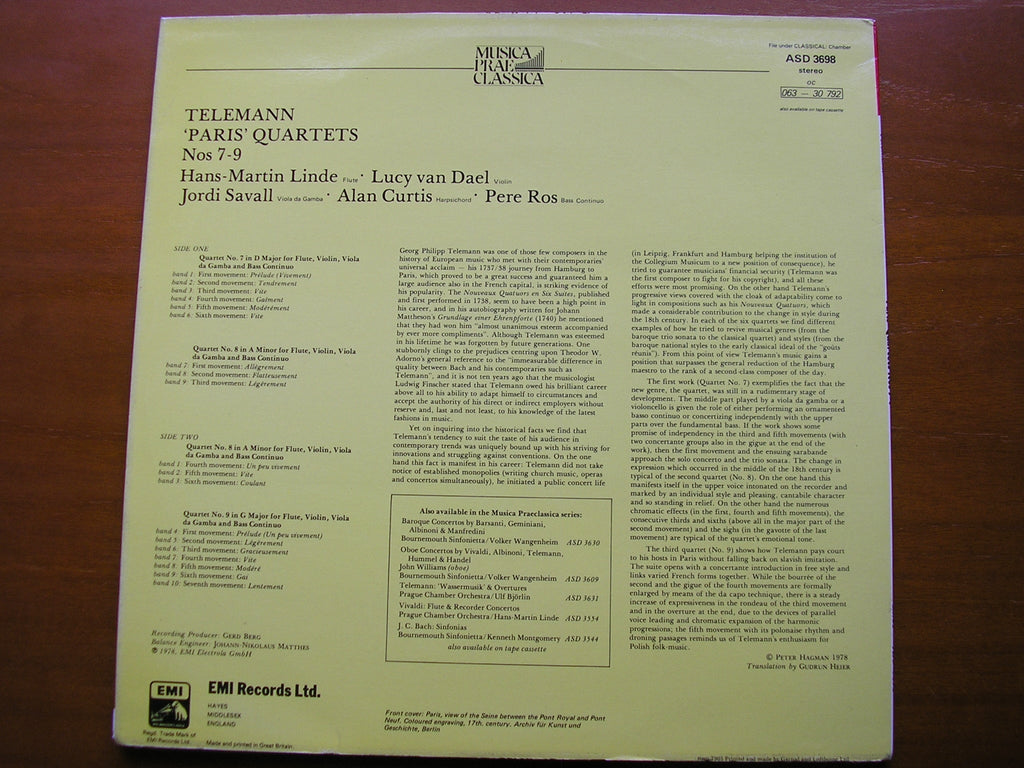TELEMANN: PARIS QUARTETS Nos. 7 - 9    LINDE / van DAEL / SAVALL / CURTIS / ROS     ASD 3698