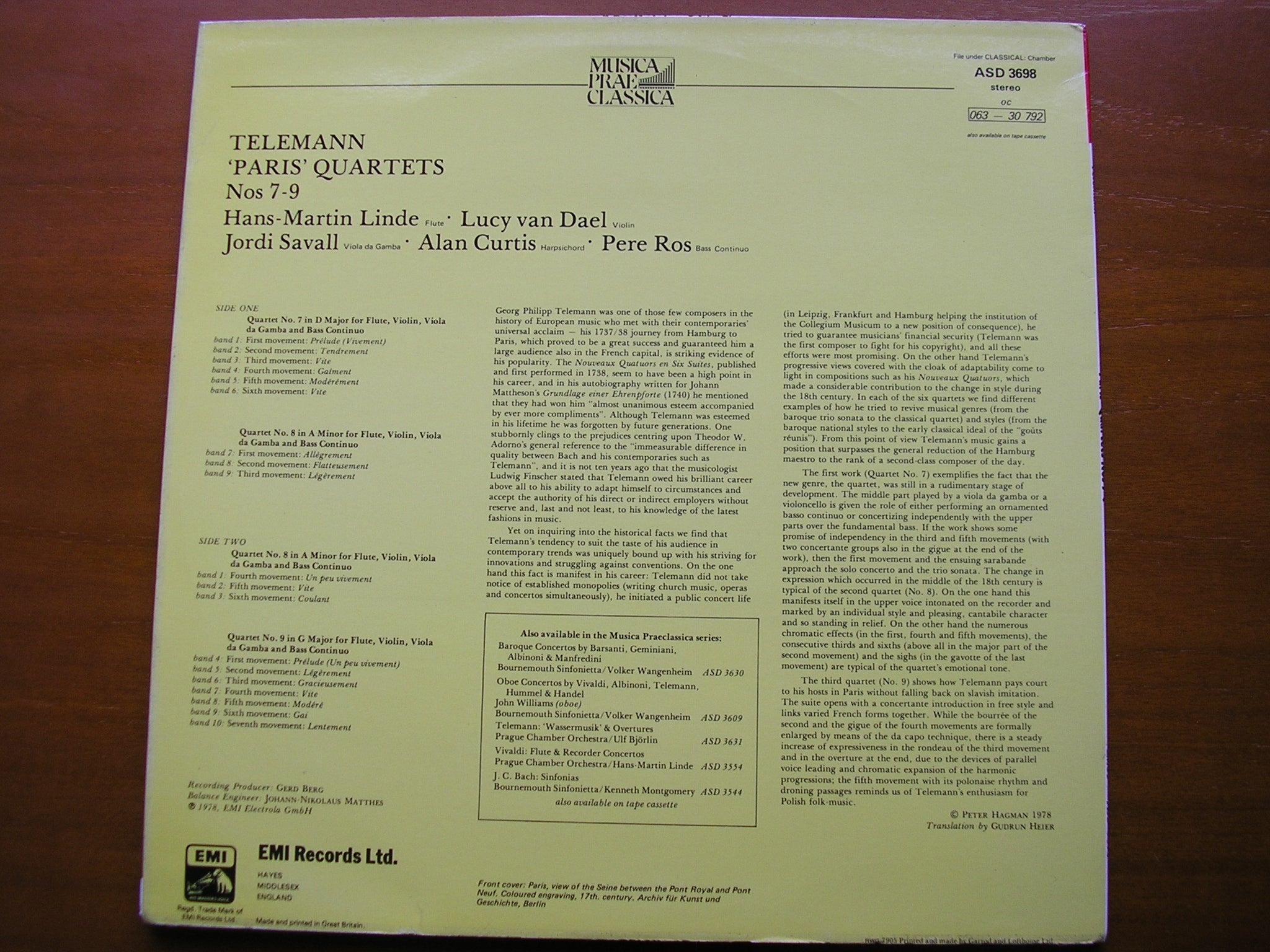 TELEMANN: PARIS QUARTETS Nos. 7 - 9    LINDE / van DAEL / SAVALL / CURTIS / ROS     ASD 3698