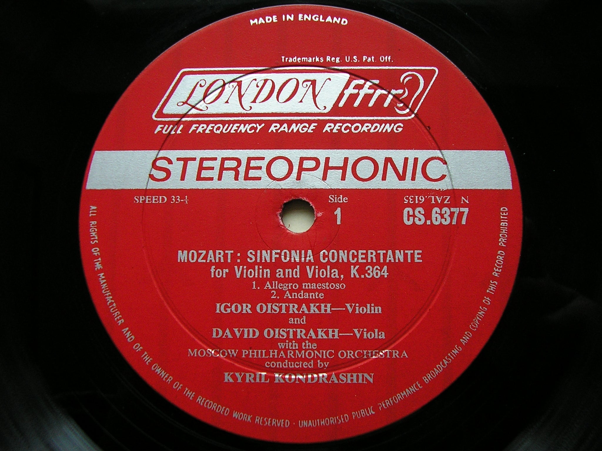 MOZART: SINFONIA CONCERTANTE K364 / DUO in G K423    DAVID & IGOR OISTRAKH / MOSCOW PHILHARMONIC / KONDRASHIN    CS 6377